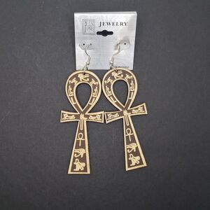 Long Wooden Ankh Earrings ancient cross earrings Hieroglyphics